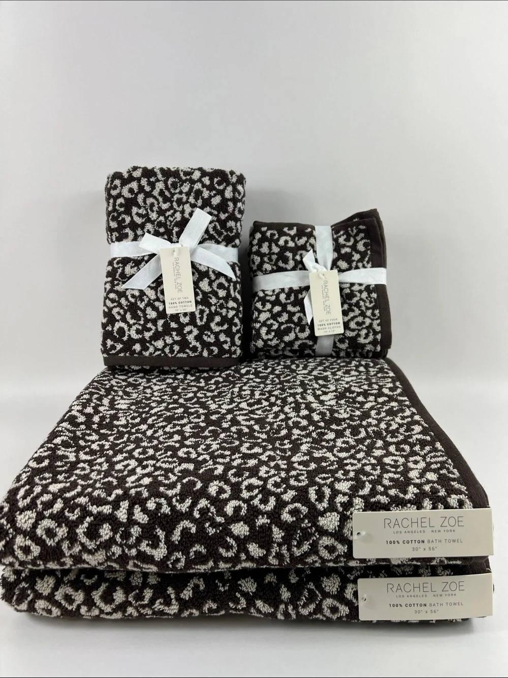 Rachel Zoe Bath Towels Leopard Print Dark Brown and Cream 100% Cotton 8 Pc NEW